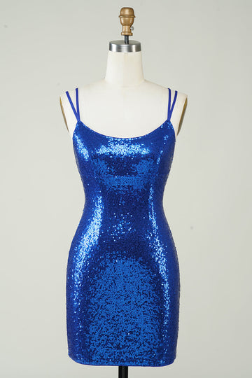 Royal Blue Tight Sequins Backless Graduation Dress